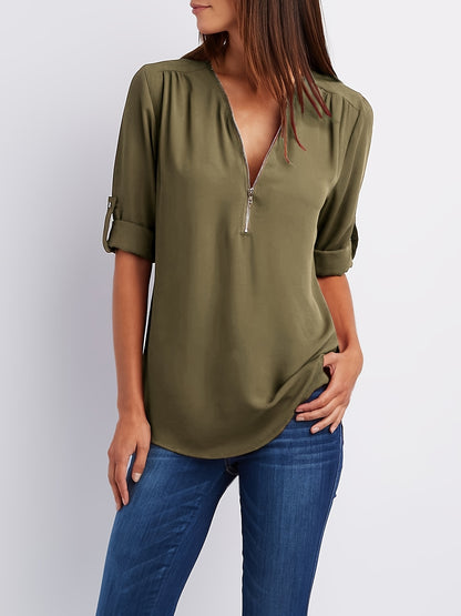 V-Neck Zipper Women'S Long-Sleeved Roll-Up Sleeve Loose Chiffon Shirt