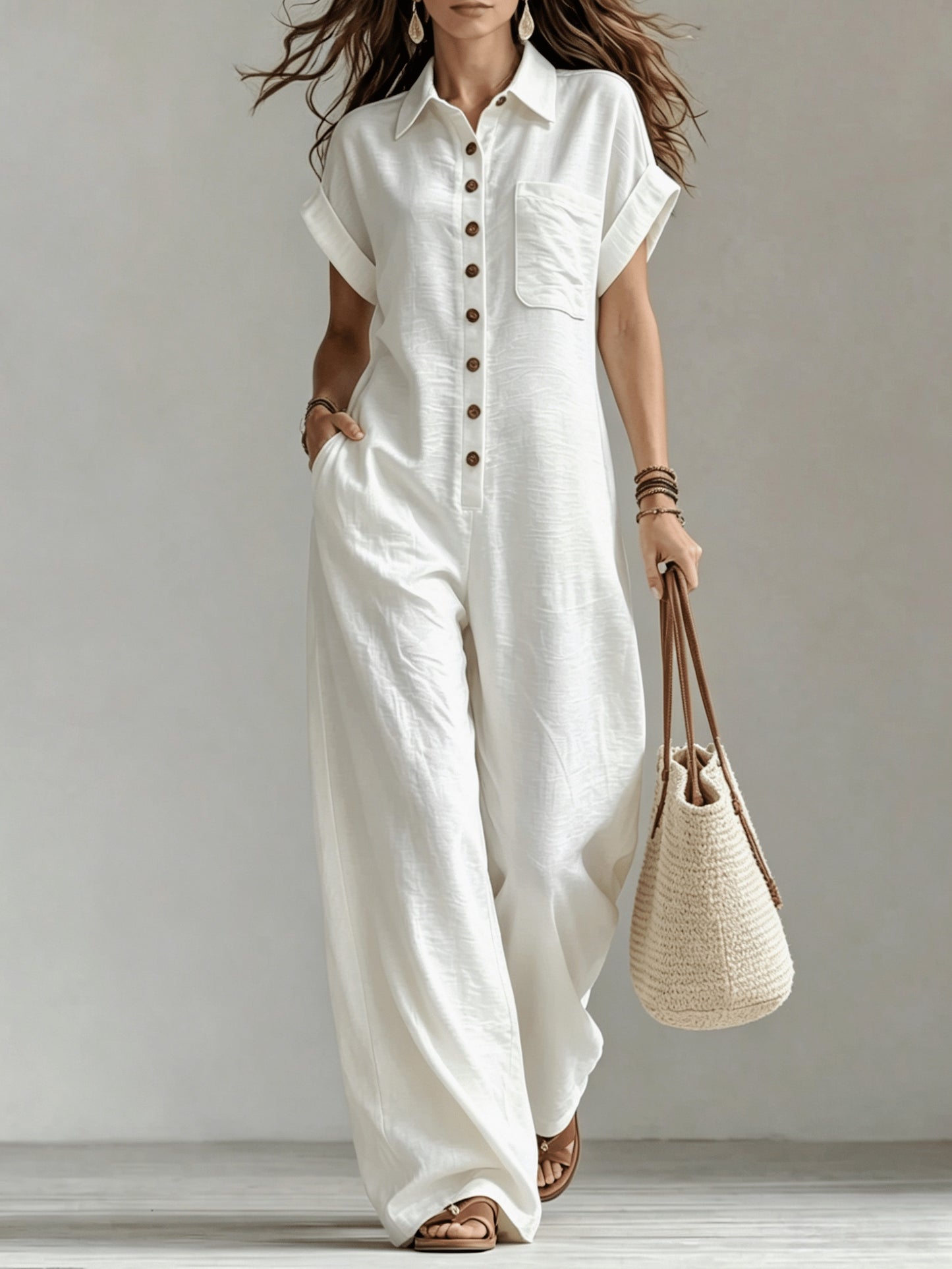 Women's Summer Short Sleeve Jumpsuit/Collared Single-Row Button Loose Straight Style/Casual Cargo Overalls/Loose Straight Drape Long Pants/Daily Commute Casual All-Match Fashion Comfortable