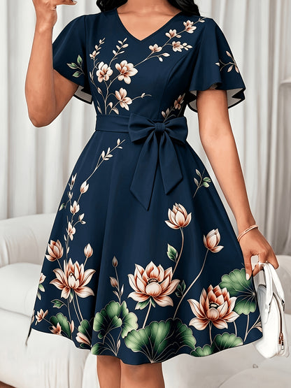 V-Neck Dress, Elegant Floral Print Short Sleeve, Waist-Cinching A-Line Midi Dress, Versatile Women's Wear for Commuting, Parties, and Daily Wear