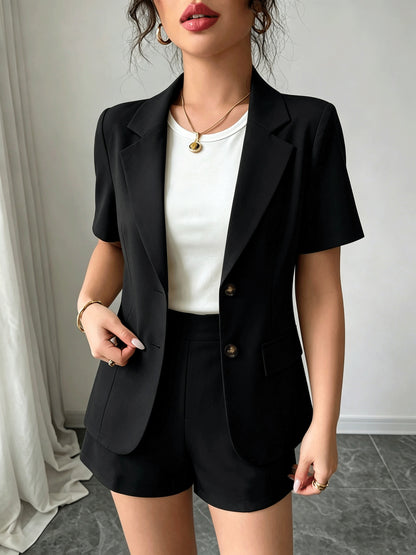 Elegant Casual Commuter Suit Set, Solid Color Short-Sleeve Blazer, Shorts/Wide-Leg Pants, Women's Spring/Summer Style
