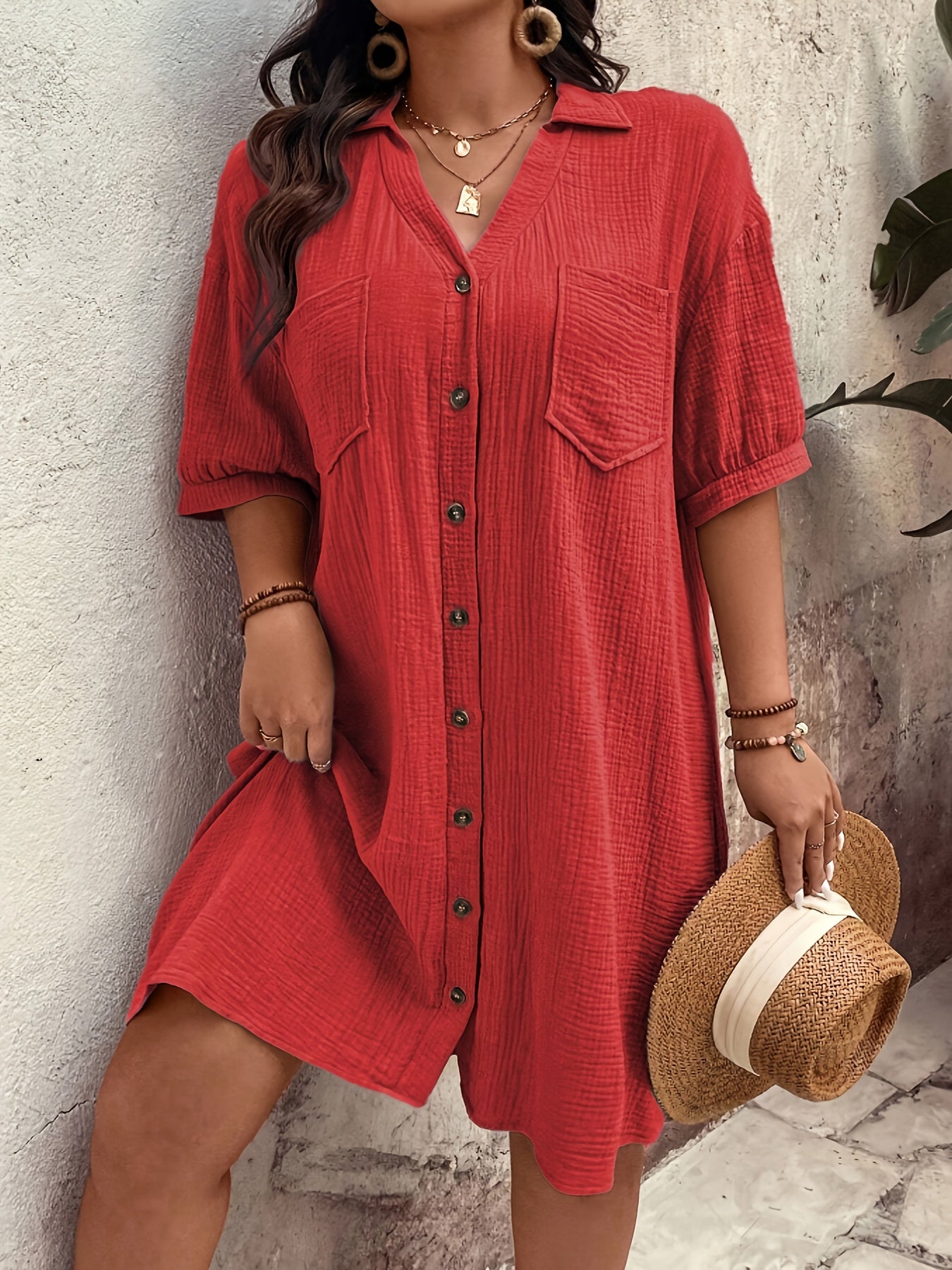 Plus Size - Plus Size - Plus Size Women'S Fashionable Retro Solid Color Short Sleeve Pocket Shirt Dress