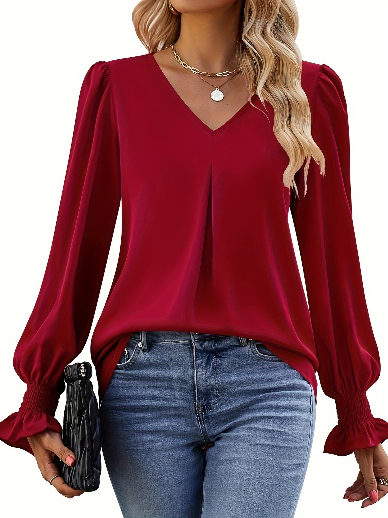 Long Sleeve Top Dress Casual V-neck Shirt Loose Chiffon Top