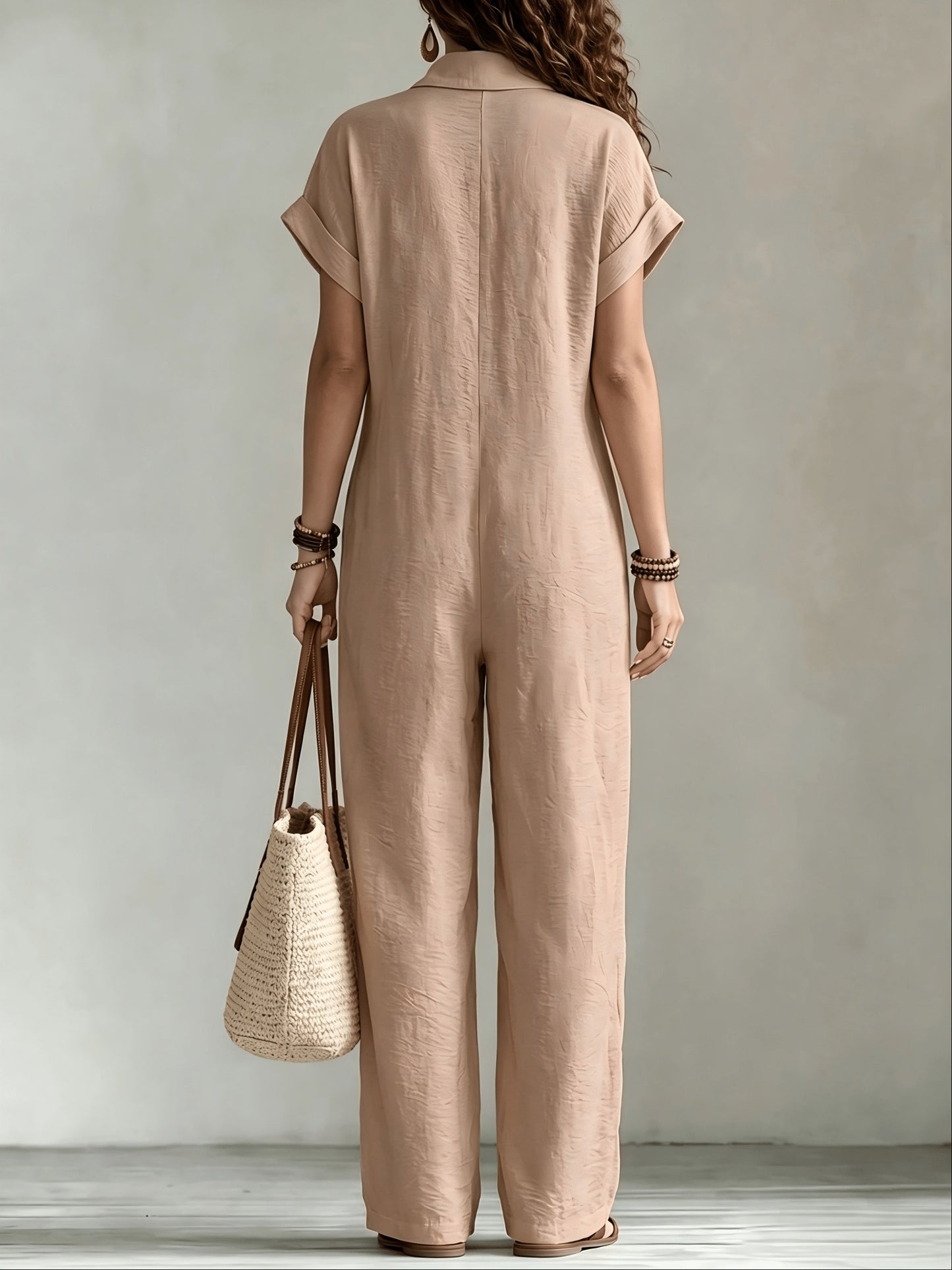 Women's Summer Short Sleeve Jumpsuit/Collared Single-Row Button Loose Straight Style/Casual Cargo Overalls/Loose Straight Drape Long Pants/Daily Commute Casual All-Match Fashion Comfortable