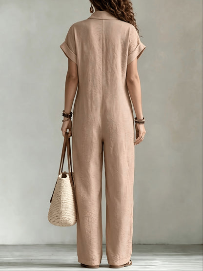 Women's Summer Short Sleeve Jumpsuit/Collared Single-Row Button Loose Straight Style/Casual Cargo Overalls/Loose Straight Drape Long Pants/Daily Commute Casual All-Match Fashion Comfortable