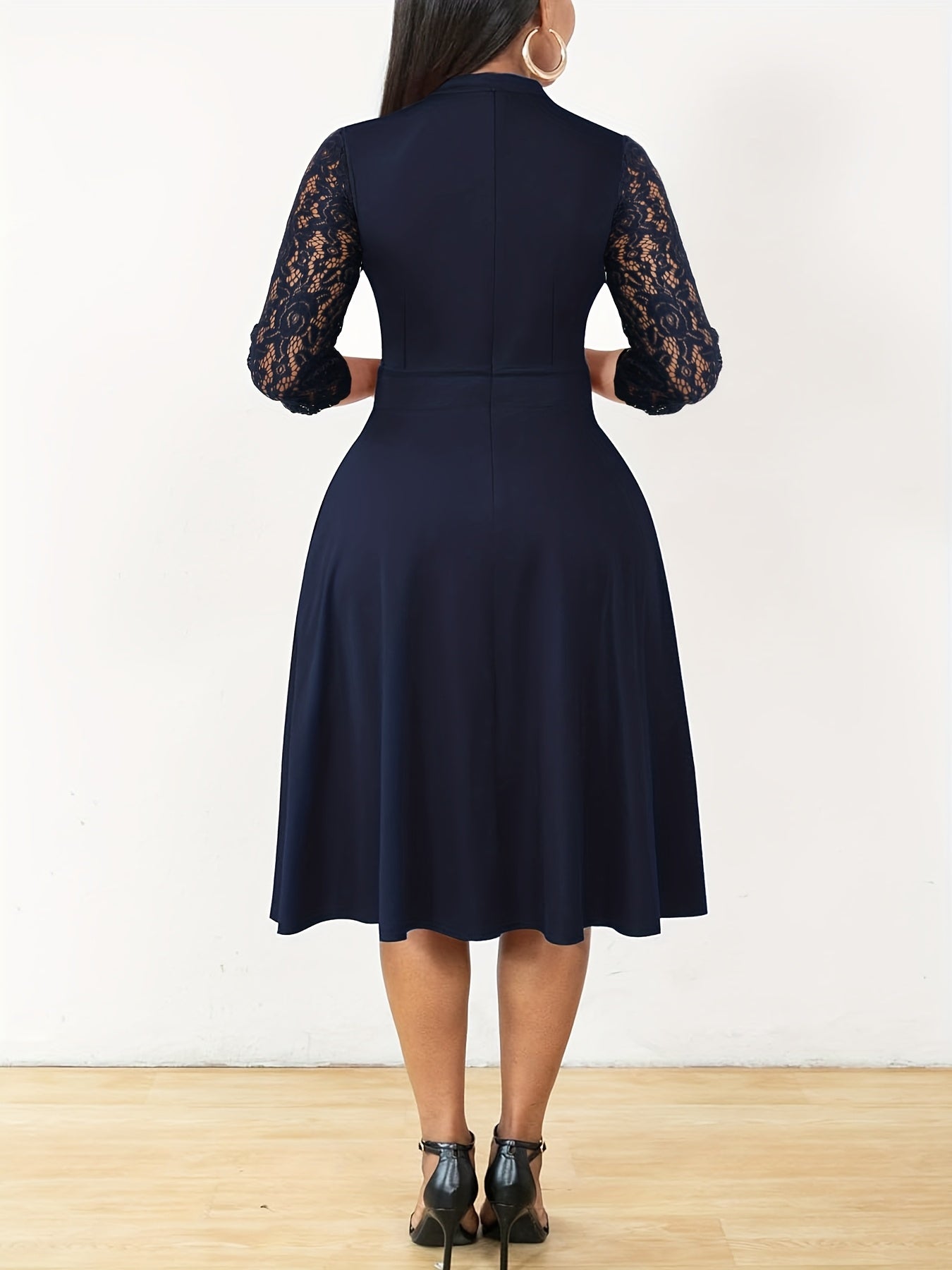 [Elegant V-Neck Lace] Elegant V-Neck Lace Sleeve Midi Dress | Autumn/Winter Women's Fashion, Three-Quarter Sleeve A-Line, Suitable for Formal Occasions, Cocktail Parties, and Gatherings
