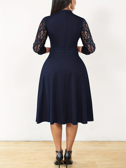 [Elegant V-Neck Lace] Elegant V-Neck Lace Sleeve Midi Dress | Autumn/Winter Women's Fashion, Three-Quarter Sleeve A-Line, Suitable for Formal Occasions, Cocktail Parties, and Gatherings