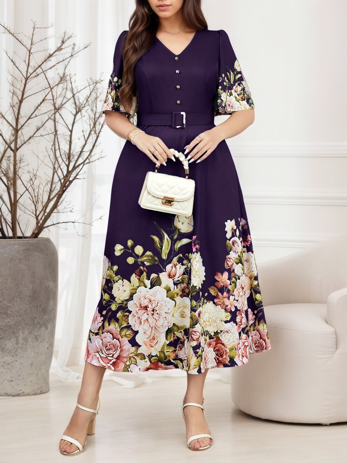 Plus Size, Plus Size Women's Spring/Summer Floral Print Elegant High-Waisted V-Neck Short Sleeve Dress