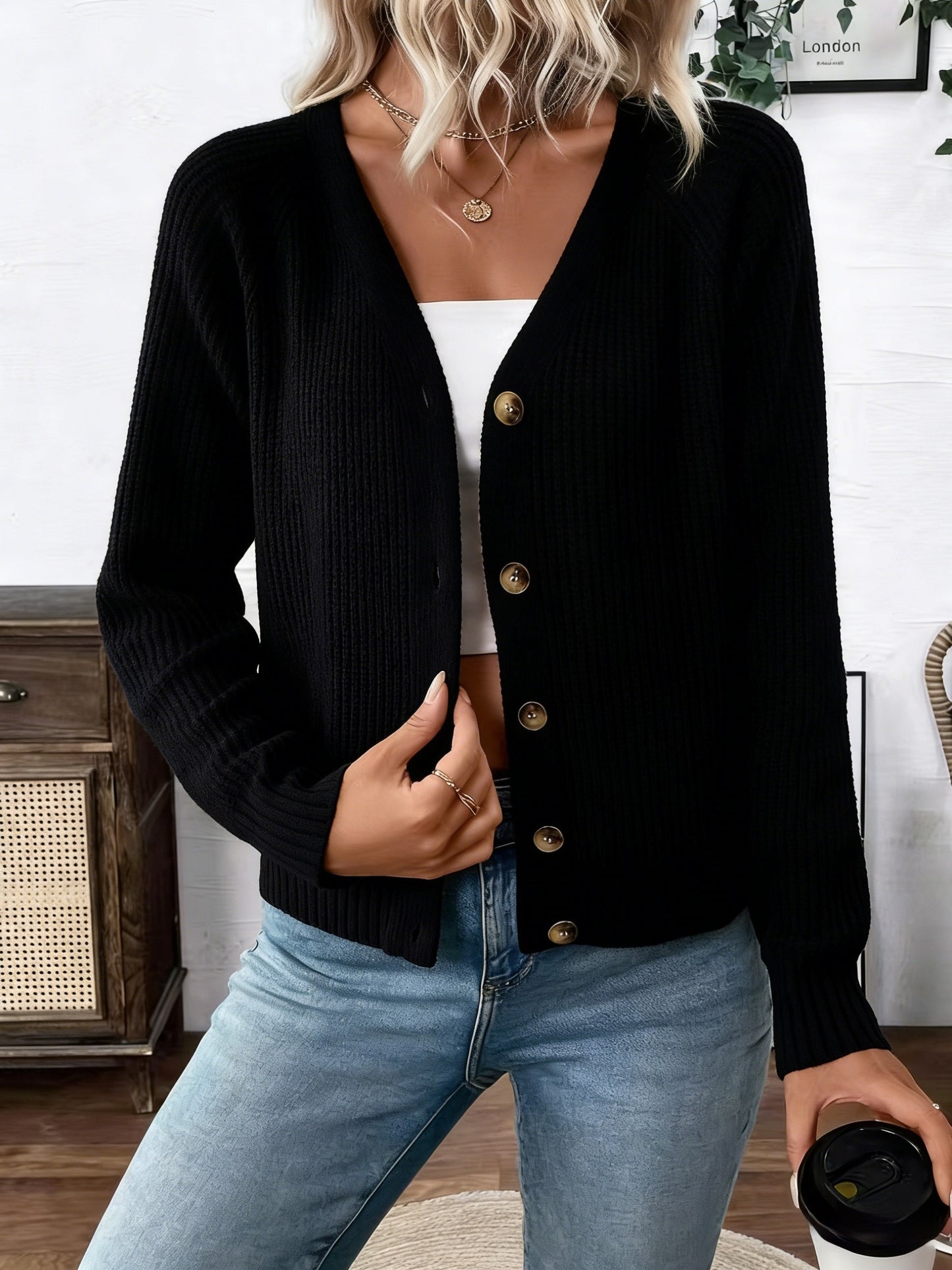 Elegant Sweater Top, V-Neck Cardigan, Chest Button Design, Short Length, Clothing