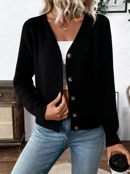 Elegant Sweater Top, V-Neck Cardigan, Chest Button Design, Short Length, Clothing