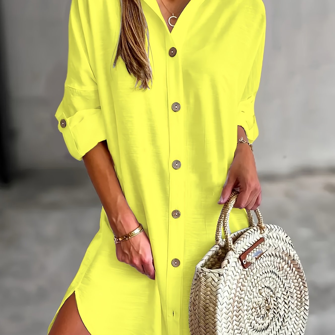 Chic Women's Long Sleeve Button-Up Shirt Dress - Casual Solid Color with Collar, Breathable Polyester, Perfect for Spring & Fall, Machine Washable
