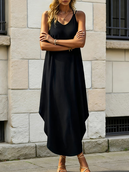 [Women's A-line Dress] Women's Dress - Fashionable Elegant Casual Simple Solid Color Curved Hem Dress - Double Spaghetti Strap Design - Long A-line Dress for Spring, Summer - Suitable for Vacation, Dates, Commuting, Leisure, Daily Wear