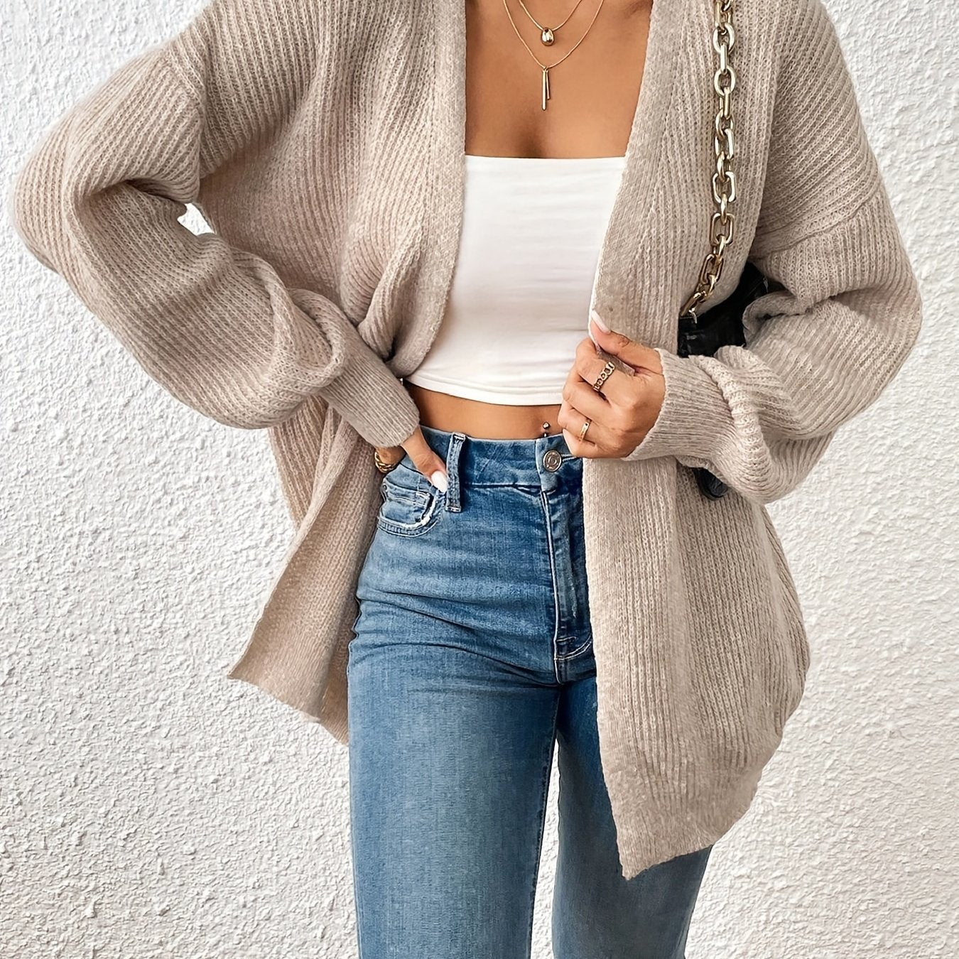 Women's Open Front Drop Shoulder Striped Solid Cardigan