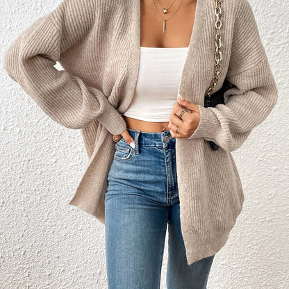 Women's Open Front Drop Shoulder Striped Solid Cardigan