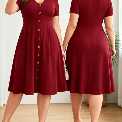 Plus Size - Plus Size - Plus Size Women'S Buttoned V-Neck Waist Dress