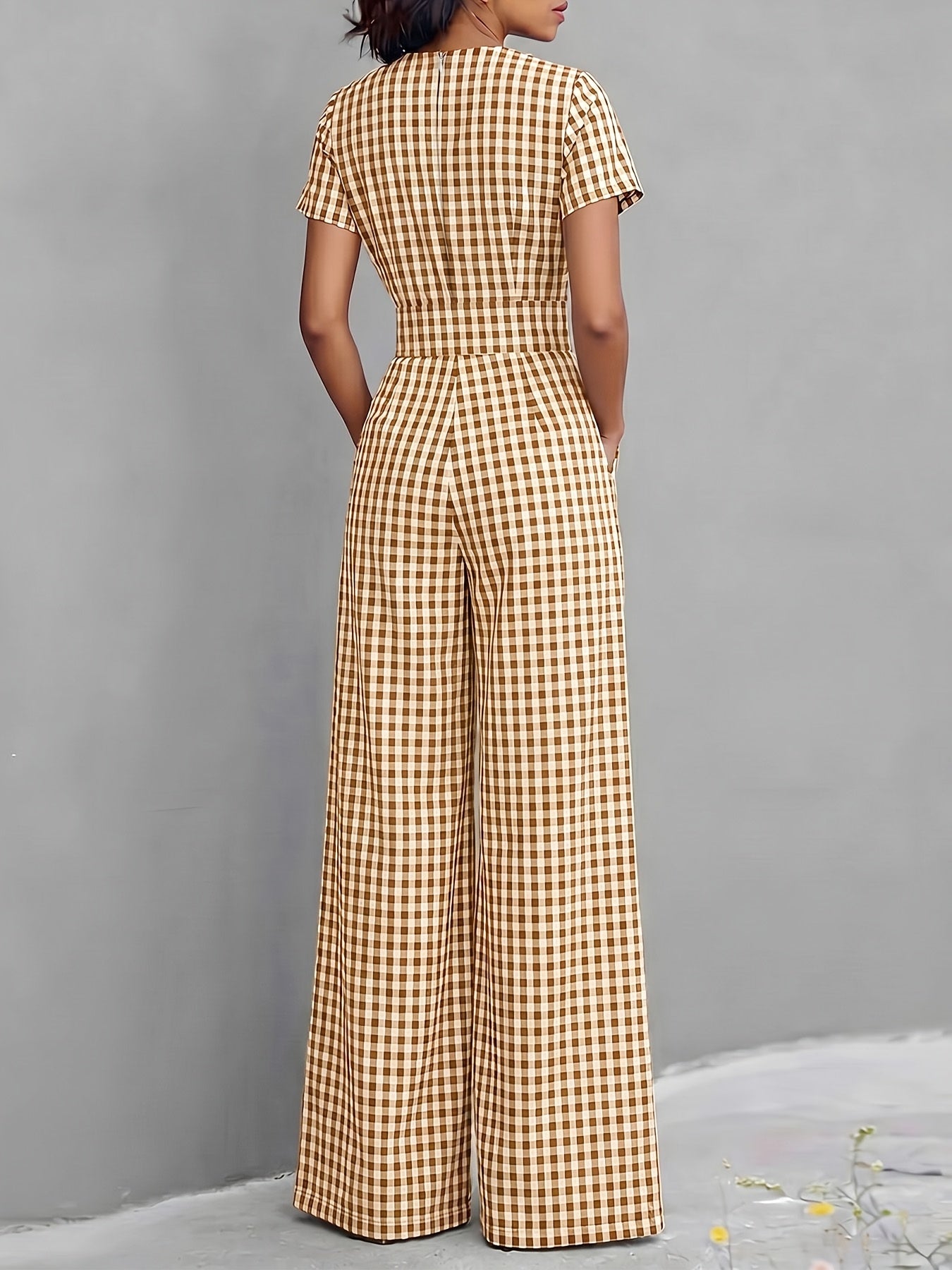 2026 Spring Summer Plaid V-Neck Short Sleeve Jumpsuit Women's, High-Waist Wide-Leg Straight Long Pants, Commute Casual Two-Wear, Waist-Cinching Design Flowing Wide-Leg Trousers