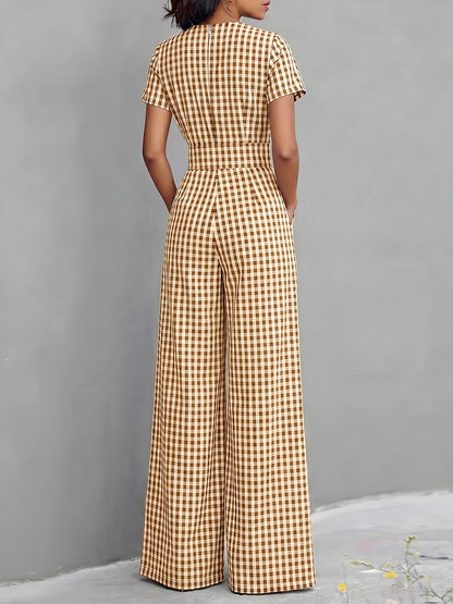 2026 Spring Summer Plaid V-Neck Short Sleeve Jumpsuit Women's, High-Waist Wide-Leg Straight Long Pants, Commute Casual Two-Wear, Waist-Cinching Design Flowing Wide-Leg Trousers