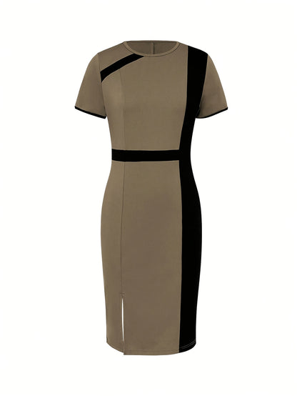 Women'S Summer Elegant Round Neck Short-Sleeved Color-Block Slim Dress, Striped Patchwork Mid-Length Dress Suitable for Daily Commute And Party Wear