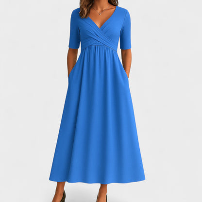 Effortless Wrap V-Neck Maxi Dress for Women with Short Sleeve Ruched Waist Pocket Casual Style