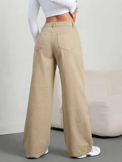 [Denim Wide-Leg Pants] Khaki Washed Denim Pants - Loose Wide-Leg Trousers - Versatile Casual Pants