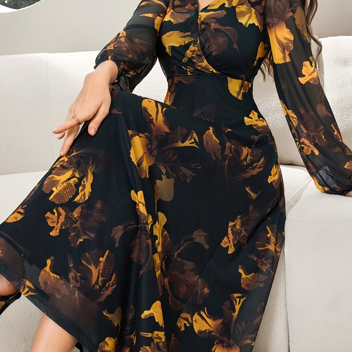 Women's Lace Dress WJ435, Elegant Floral Cinched Waist Long Dress, Deep V-Neck, Business Party, Spring/Autumn, Yellow Black Print Lace