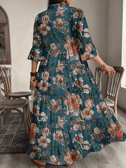 Plus Size Women's Floral Print Shirtdress, Ladies' Fall New 3/4 Sleeve Cake Dress, Fashionable Elegant Long Dress