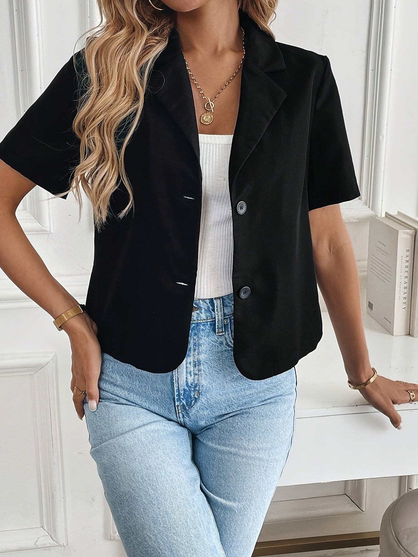 Women's Elegant Regular Fit Blazer - Short Sleeve Single-Breasted Jacket with Belt, Solid Color Business Casual Office Attire, All-Season Versatile Graduation Attire & Professional Wear, Celebration Attire | Sophisticated Style | Durable Fabric
