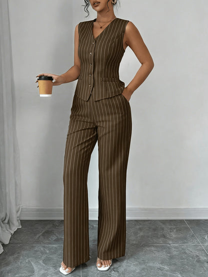 Vertical Stripe Design Set: V-neck Sleeveless Vest with Pockets + High-waist Wide-leg Pants. A Professional and 2pcs Set for Women, Suitable for Both Work and Casual Daily Wear.
