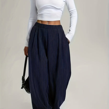 Women's Harem Pants, Fashion Striped Loose Wide-Leg Trousers with Vertical Pleats and Pocket Design, High-Waisted Full-Length Structured Non-Stretch Fabric, Suitable for All Seasons Professional and Semi-Formal Wear, Elegant Special