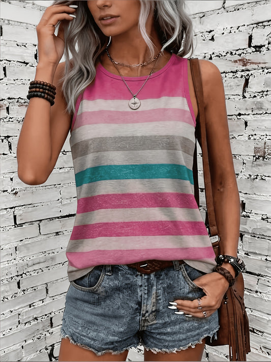 [Women's Striped Tank Top] Women's Summer Fashion Casual Colorful Striped Print Round Neck Sleeveless Vacation Tank Top