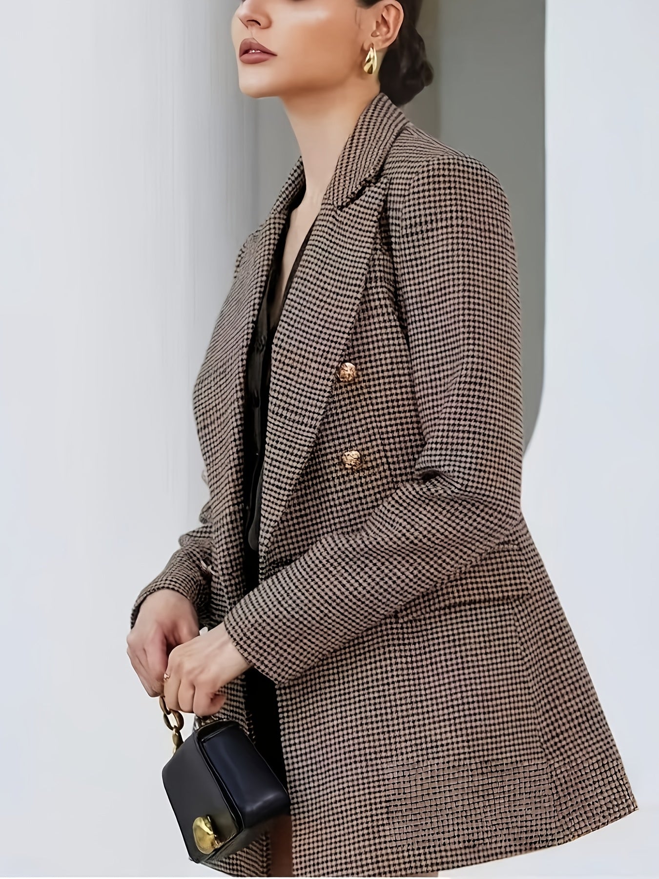This Elegant And Stylish Double-Breasted Houndstooth Blazer Is Perfect for Commuting, Vintage Office Settings, And Everyday Wear, And It Is Machine Washable
