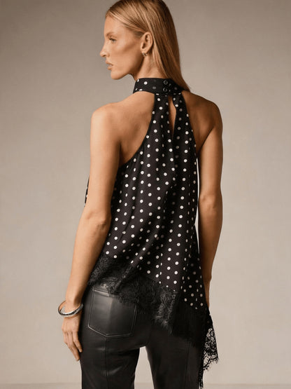 Halter Vest, Directional Style Elegant Temperament Top, Irregular Patchwork Lace Neckline