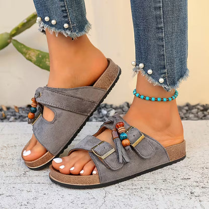Comfortable Slide Sandals for Women with Tassel Detail Buckle Strap Contoured Footbed Open Toe Style