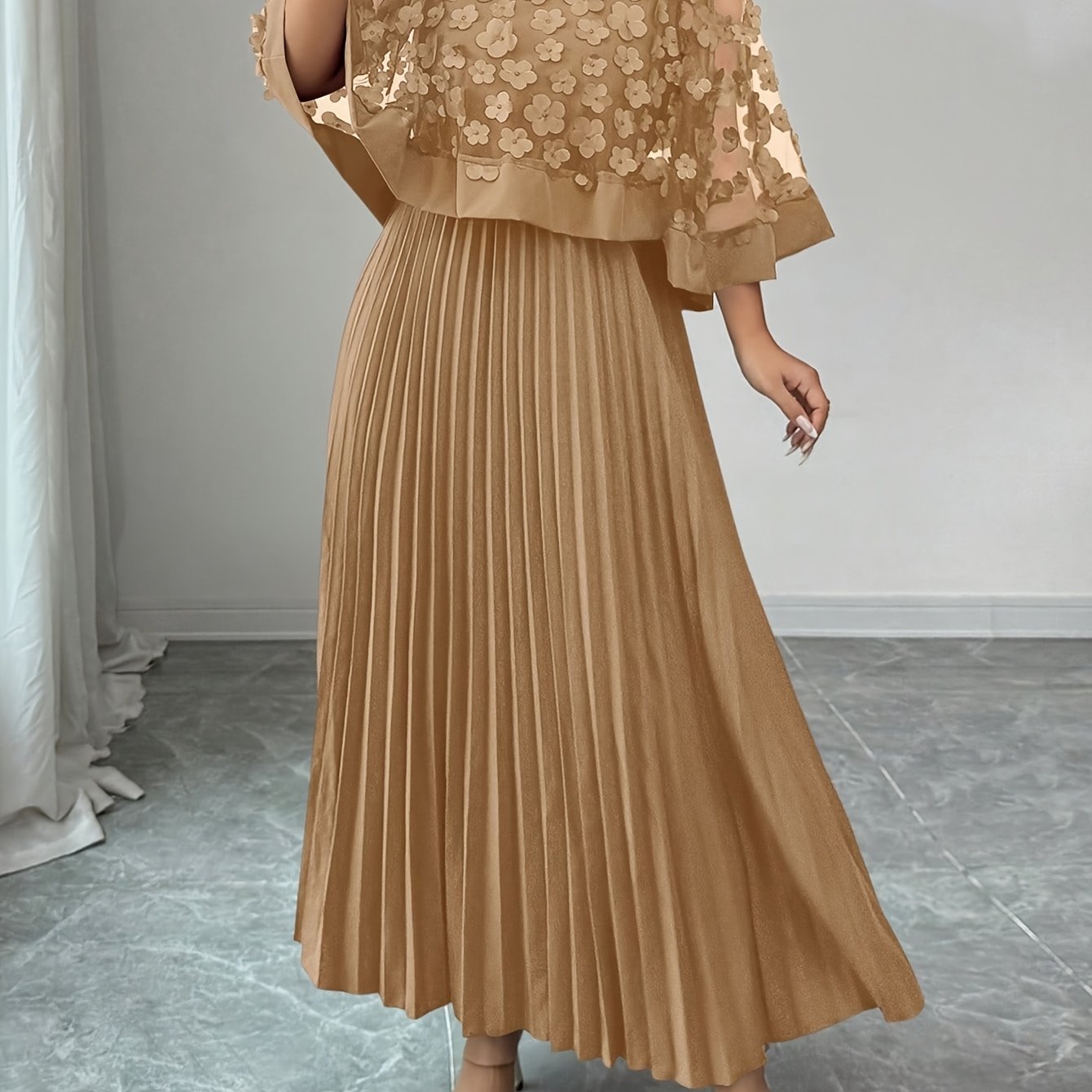 Elegant Floral Applique Two Piece Set for Women with Round Neck Flutter Sleeve Pleated Maxi Skirt Formal Style