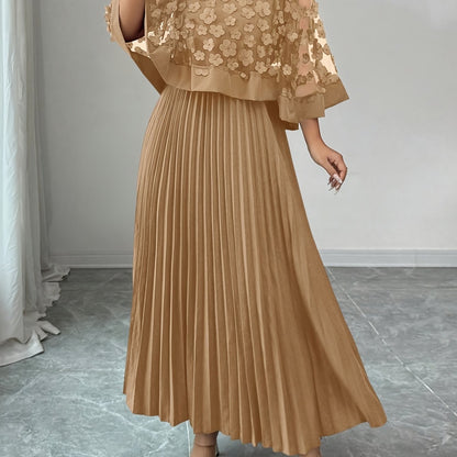 Elegant Floral Applique Two Piece Set for Women with Round Neck Flutter Sleeve Pleated Maxi Skirt Formal Style