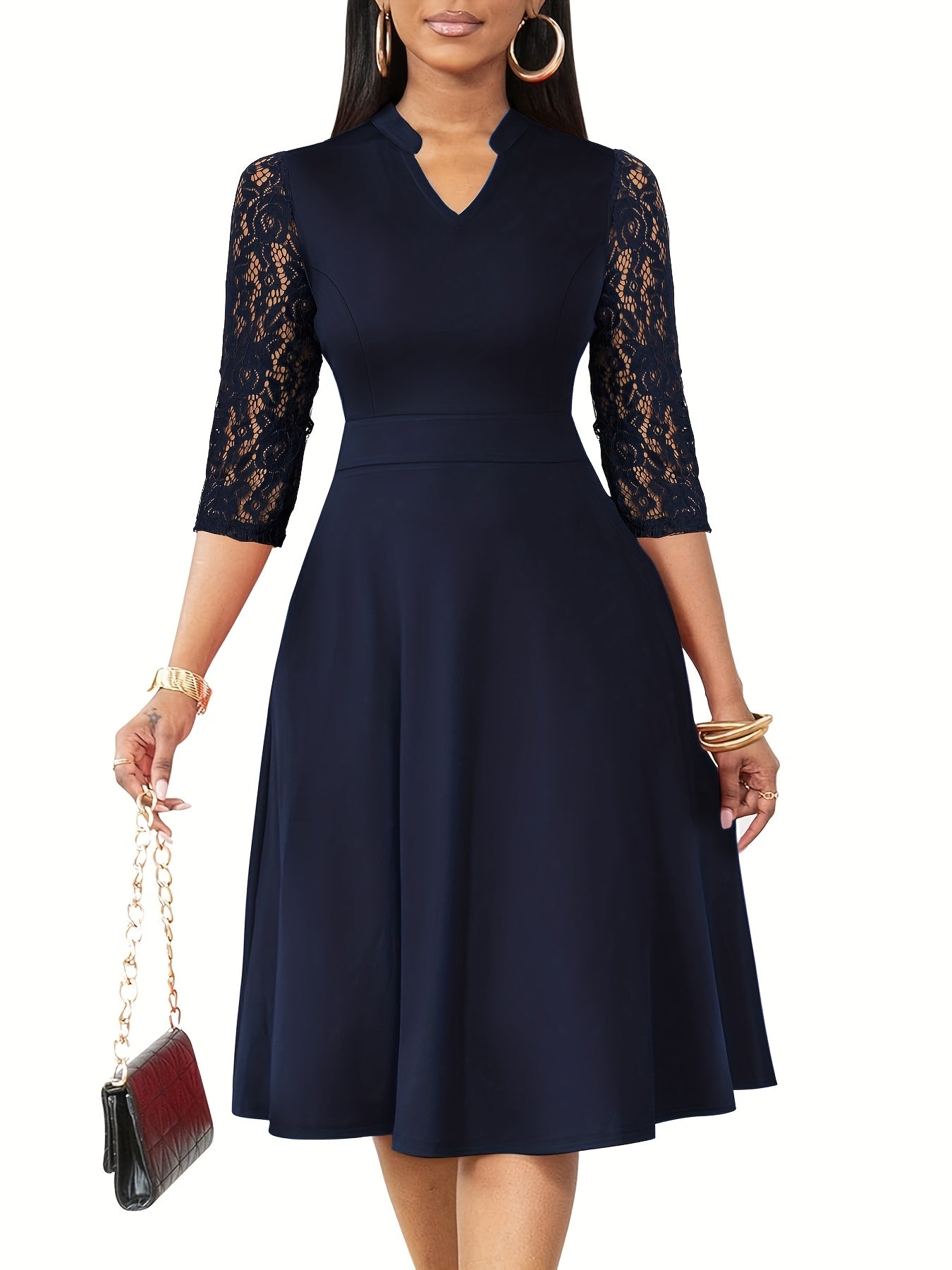 [Elegant V-Neck Lace] Elegant V-Neck Lace Sleeve Midi Dress | Autumn/Winter Women's Fashion, Three-Quarter Sleeve A-Line, Suitable for Formal Occasions, Cocktail Parties, and Gatherings