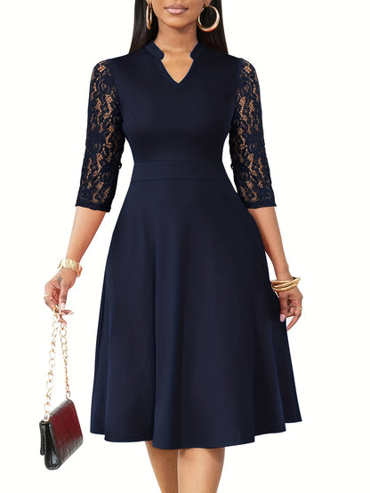 [Elegant V-Neck Lace] Elegant V-Neck Lace Sleeve Midi Dress | Autumn/Winter Women's Fashion, Three-Quarter Sleeve A-Line, Suitable for Formal Occasions, Cocktail Parties, and Gatherings
