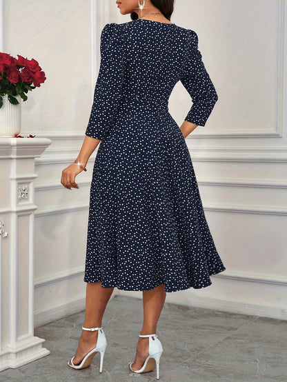 2026 New Valentine's Day, New Year Party, Suitable for Daily Work Wear, Suitable for All Seasons Elegant Fashion Versatile Daily Date V-Neck 3/4 Sleeve Waist Flared Long Red and Blue Women's Elegant Dress, Women's Polka Dot Small Heart Print Dress