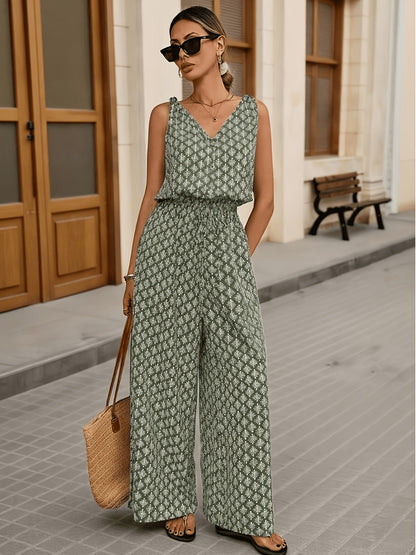 Women's Casual Jumpsuit/Summer Wide-Leg/Printed Sleeveless V-Neck Long with Pockets and Buttons/Green, Apricot