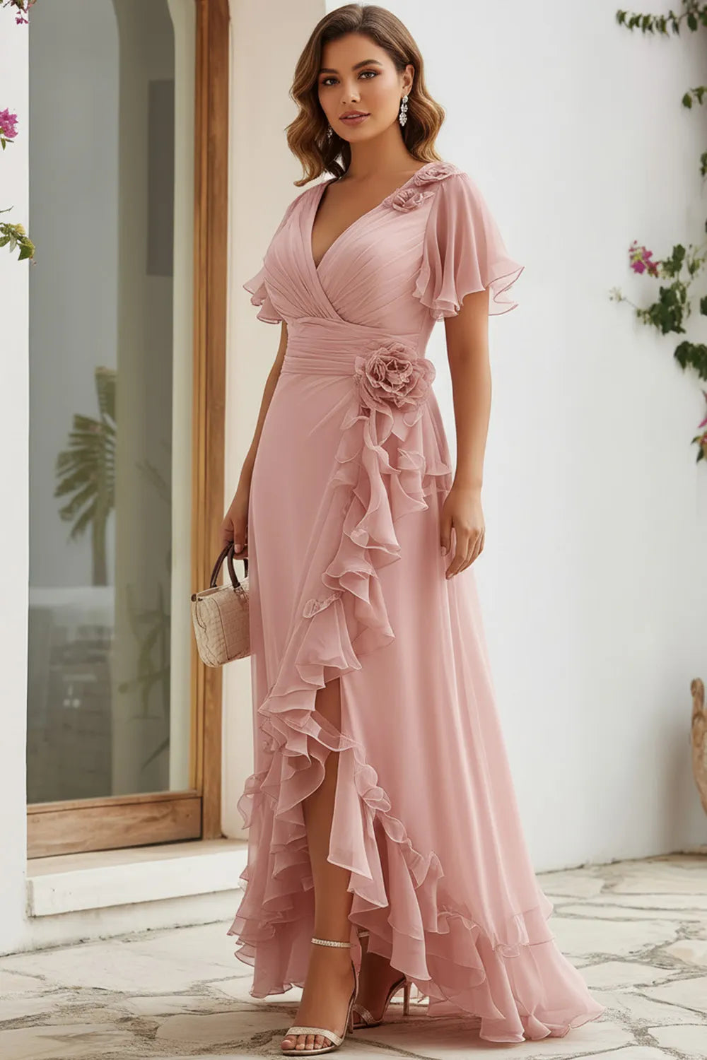 Flycurvy Plus Size Wedding Guest Blush Pink Chiffon Wrap Flutter Sleeve Slit Ruffle Hem Maxi Dress