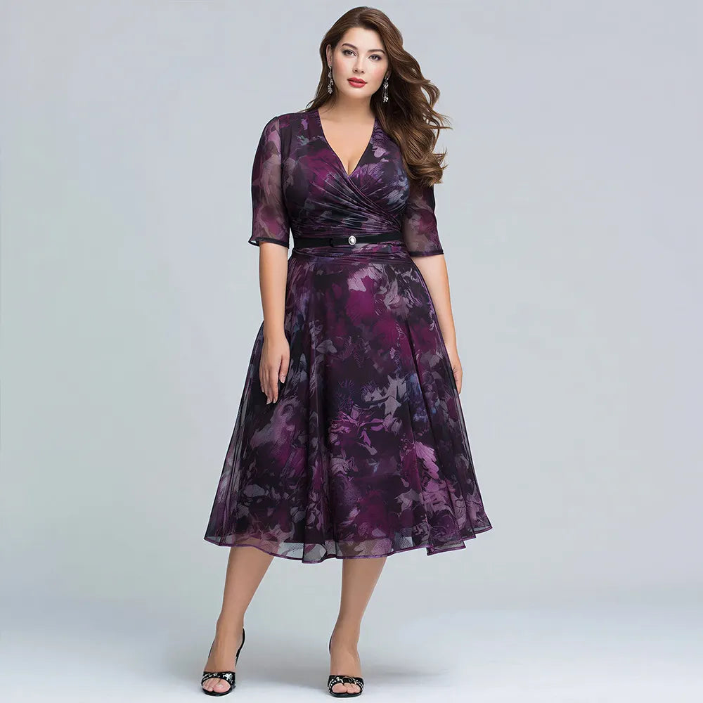 Flycurvy Plus Size Wedding Guest Grape Chiffon Floral Print Wrap Half Sleeve Midi Dress