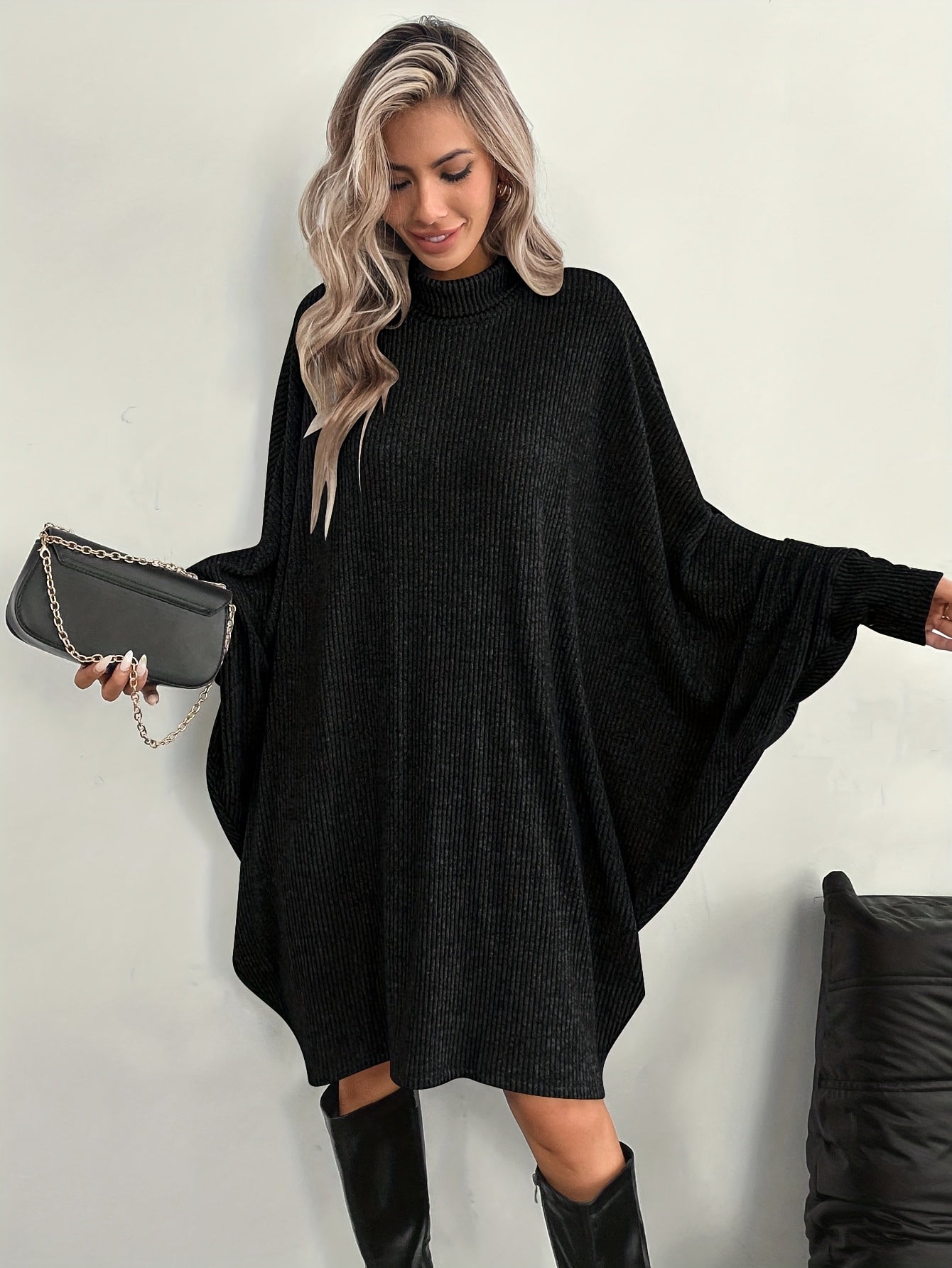 Women's Solid Color High Neck Batwing Sleeve Dress