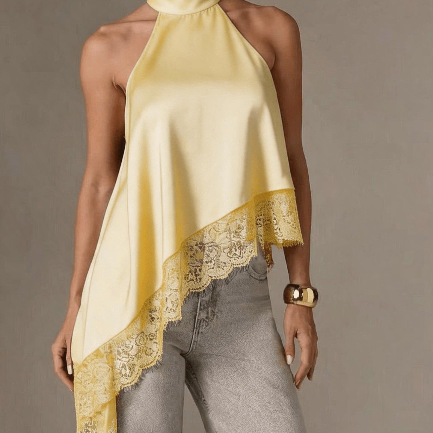Halter Vest, Directional Style Elegant Temperament Top, Irregular Patchwork Lace Neckline