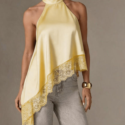 Halter Vest, Directional Style Elegant Temperament Top, Irregular Patchwork Lace Neckline