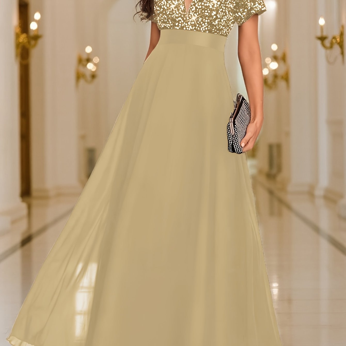 Sequin Spliced Formal Dress Elegant Prom Wedding Guest Gown, Contrast Sequin Chiffon Formal Dress, V-Neck Short Sleeve Sequin Patchwork Slim Fit Long Dress for Graduation Dress, Bride Dress, Birthday Women Outfits, Party Dress, Evening