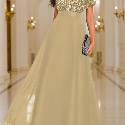 Sequin Spliced Formal Dress Elegant Prom Wedding Guest Gown, Contrast Sequin Chiffon Formal Dress, V-Neck Short Sleeve Sequin Patchwork Slim Fit Long Dress for Graduation Dress, Bride Dress, Birthday Women Outfits, Party Dress, Evening