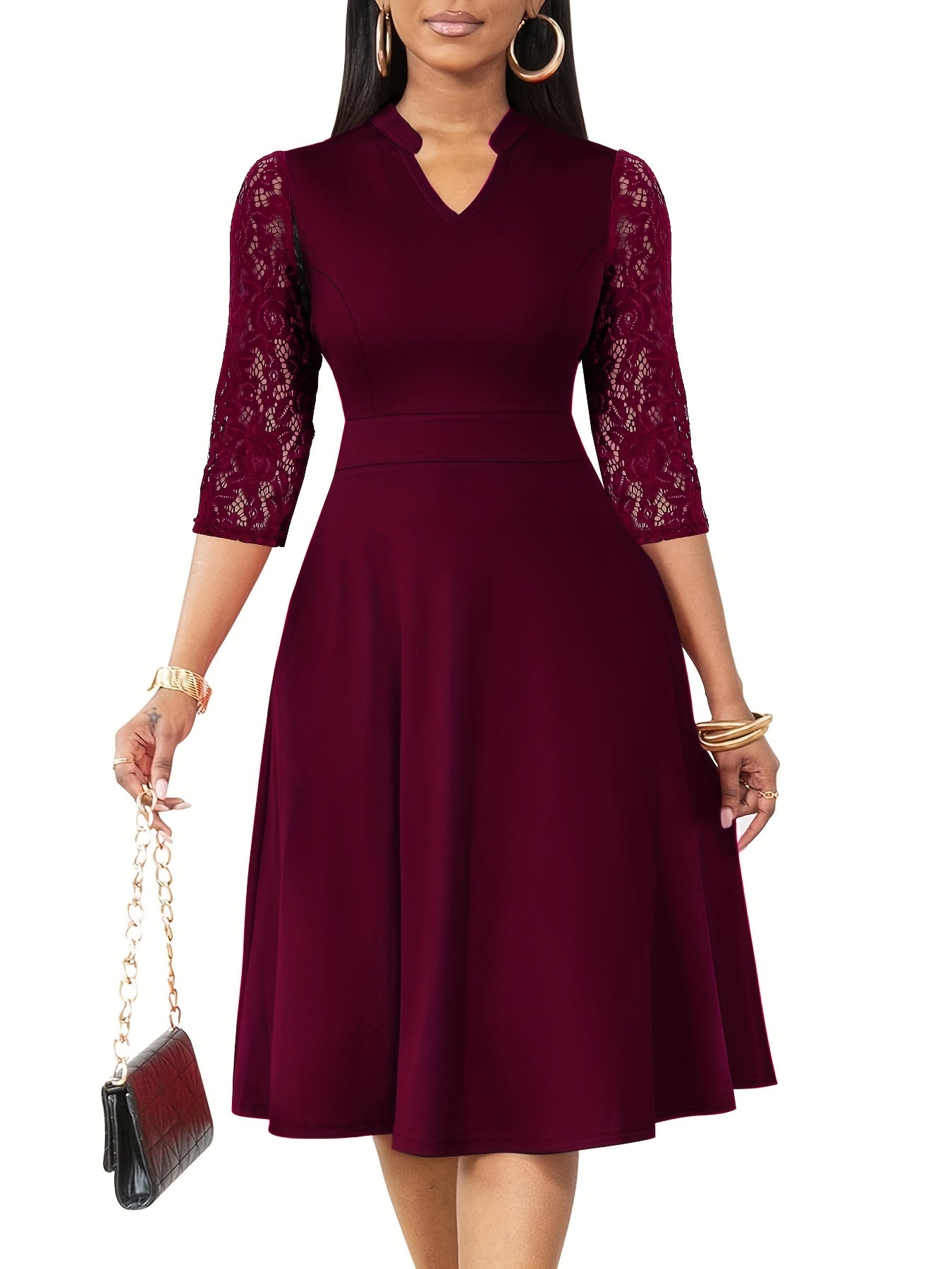 Autumn/Winter Women's Fashion Elegant V-Neck Lace Sleeve Three-Quarter Sleeve A-Line Midi Dress, Suitable for Formal Occasions, Cocktail Parties, and Gatherings