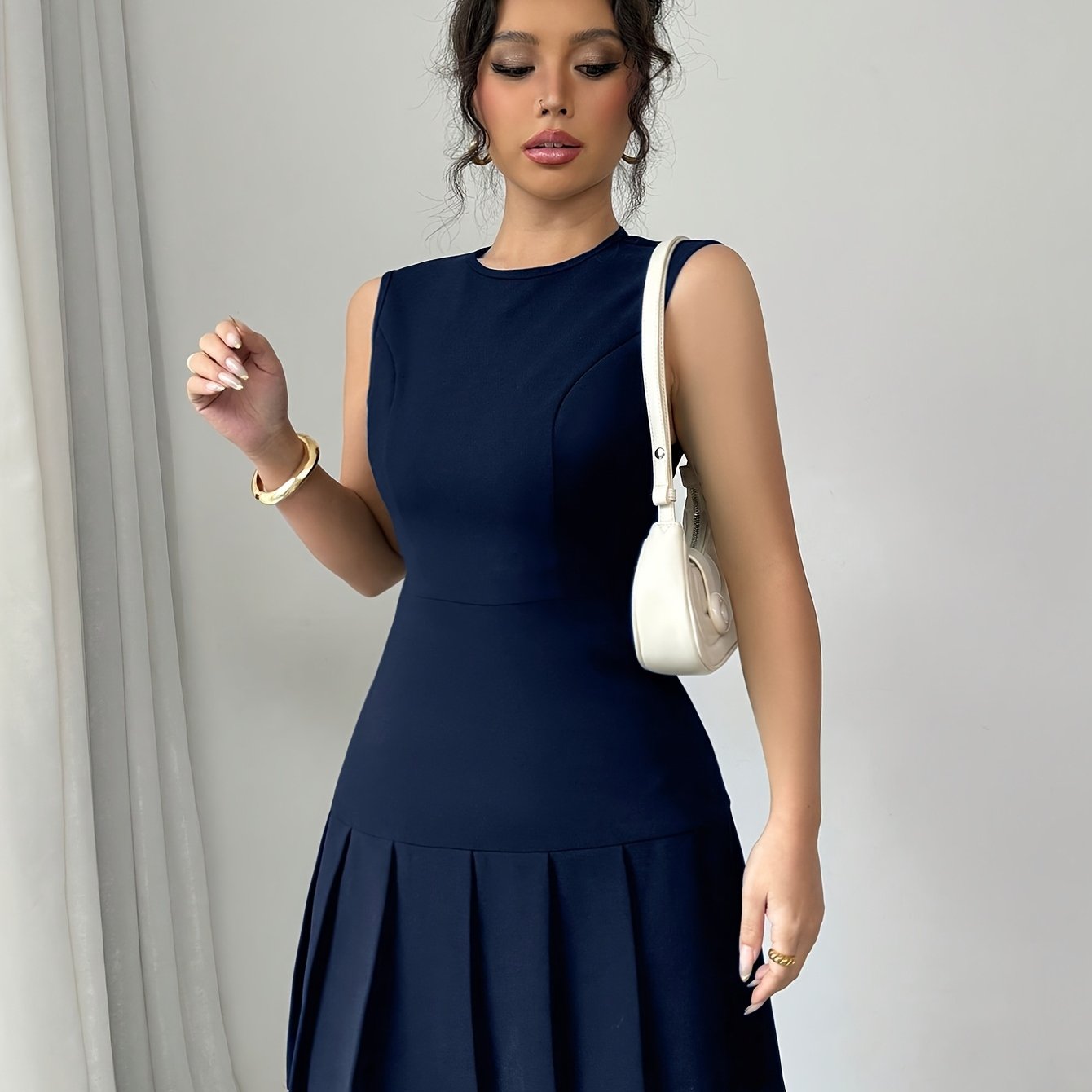Women's Casual Sleeveless Elegant Solid Color Ruffle Hem Slim Fit Blue Mini Dress