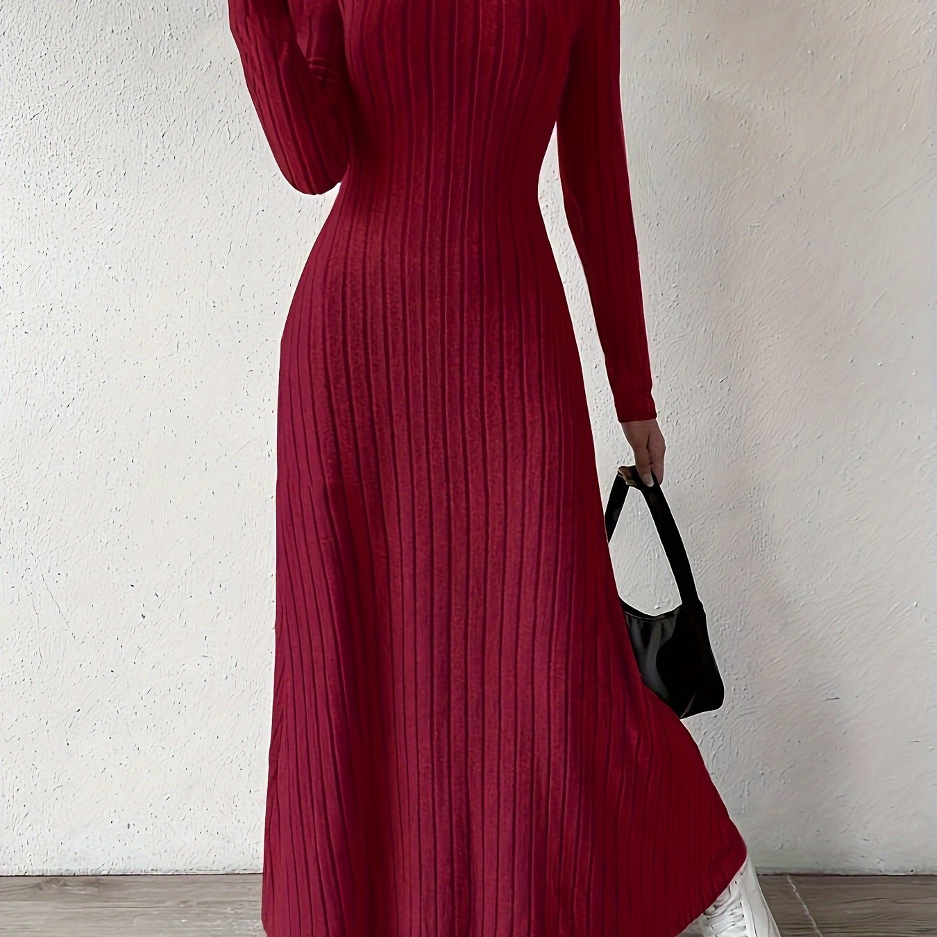 Women's Elegant V-Neck Long Sleeve A-Line Dress - Solid Color Machine Washable Fall Dress with Flattering Silhouette, Versatile for Casual & Formal Occasions, Long Sleeve Maxi Dress, Comfortable Fit