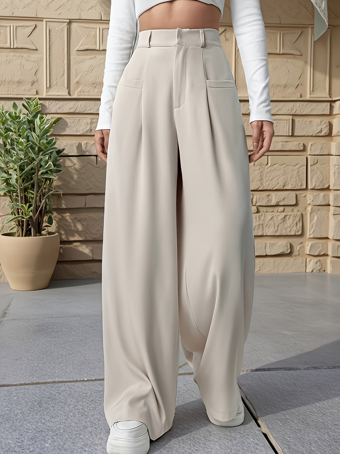 Women's Spring,Summer Apricot High-Waist Flowy Wide-Leg Pants, High-End Loose Fit, Leg-Lengthening Effect, Comfortable, Non-Constricting, Versatile for Commuting, Daily, Casual Wear