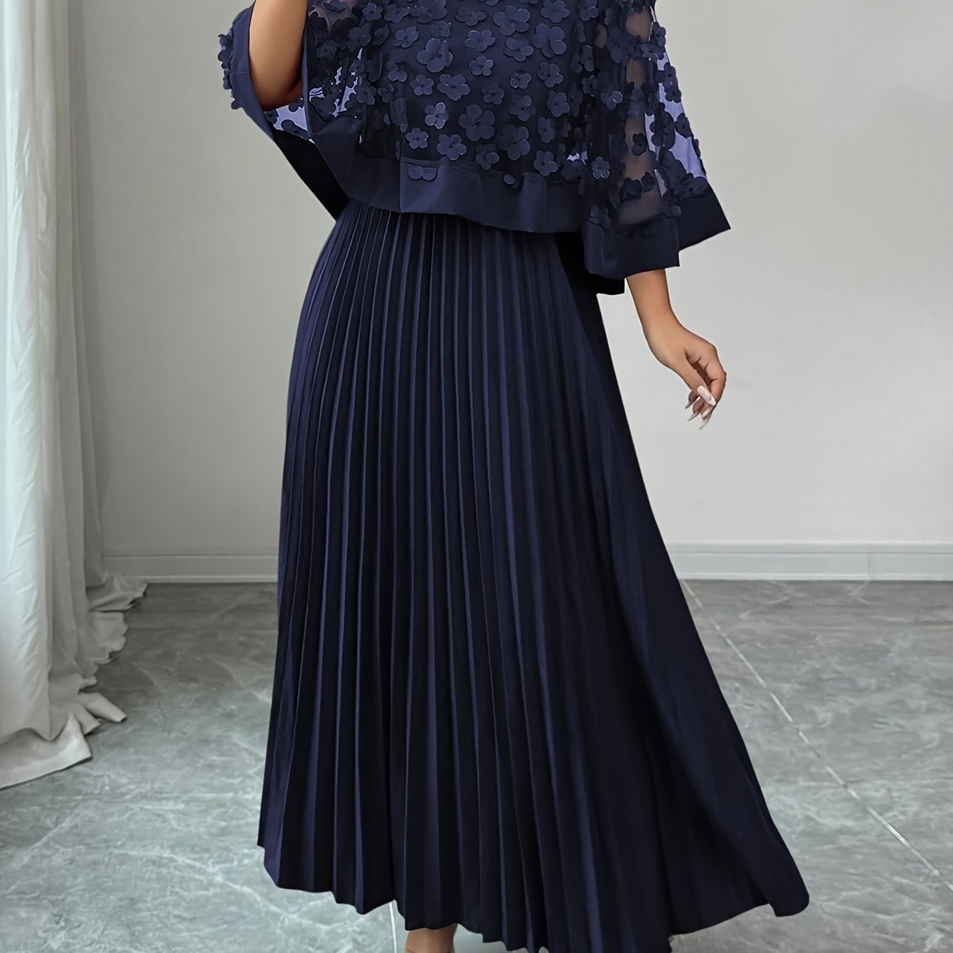 Elegant Floral Applique Two Piece Set for Women with Round Neck Flutter Sleeve Pleated Maxi Skirt Formal Style